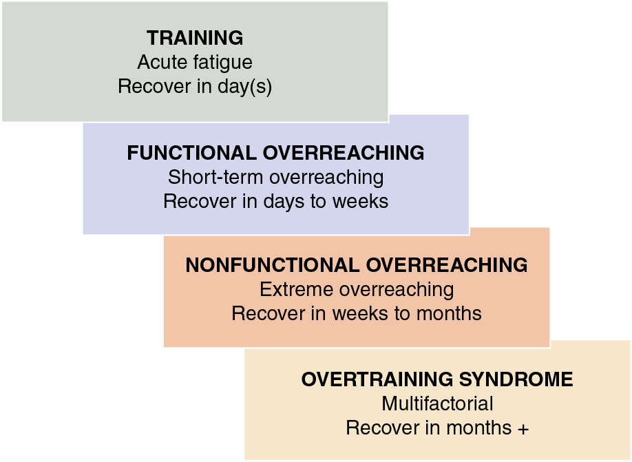 FIGURE 16.1 Progression from training to overtraining syndrome. Reprinted by permission from B.A. Bushman, “Finding the Balance Between Overload and Recovery,” ACSM’s Health and Fitness Journal 20, no. 1 (2016): 5-8.