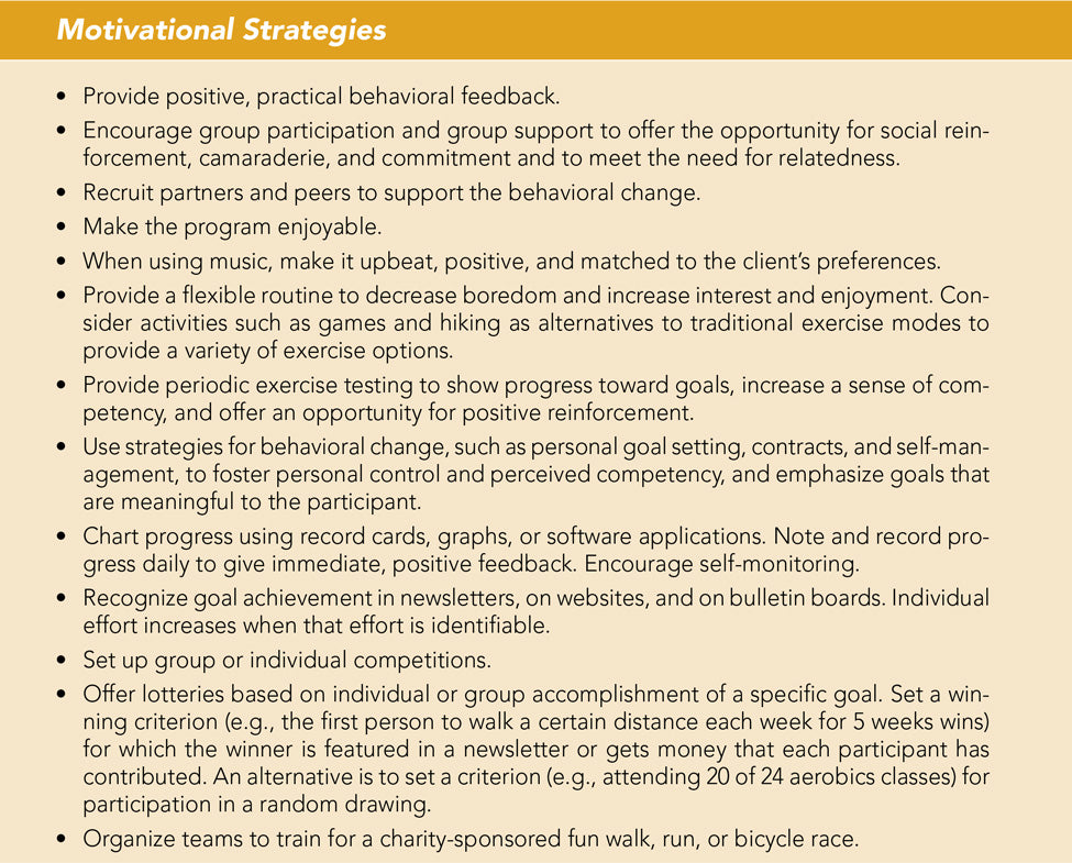 Motivational Strategies Provide positive, practical behavioral feedback. Encourage group participation and group support to offer the opportunity for social reinforcement, camaraderie, and commitment and to meet the need for relatedness. Recruit partners and peers to support the behavioral change. Make the program enjoyable. When using music, make it upbeat, positive, and matched to the client’s preferences. Provide a flexible routine to decrease boredom and increase interest and enjoyment. Consider activities such as games and hiking as alternatives to traditional exercise modes to provide a variety of exercise options. Provide periodic exercise testing to show progress toward goals, increase a sense of competency, and offer an opportunity for positive reinforcement. Use strategies for behavioral change, such as personal goal setting, contracts, and self-management, to foster personal control and perceived competency, and emphasize goals that are meaningful to the participant. Chart progress using record cards, graphs, or software applications. Note and record progress daily to give immediate, positive feedback. Encourage self-monitoring. Recognize goal achievement in newsletters, on websites, and on bulletin boards. Individual effort increases when that effort is identifiable. Set up group or individual competitions. Offer lotteries based on individual or group accomplishment of a specific goal. Set a winning criterion (e.g., the first person to walk a certain distance each week for 5 weeks wins) for which the winner is featured in a newsletter or gets money that each participant has contributed. An alternative is to set a criterion (e.g., attending 20 of 24 aerobics classes) for participation in a random drawing. Organize teams to train for a charity-sponsored fun walk, run, or bicycle race.