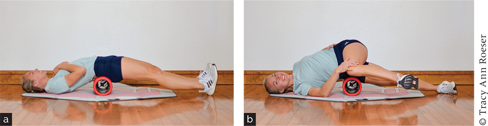 Hip flexor stretch into TFL roll (a) start and (b) finish.