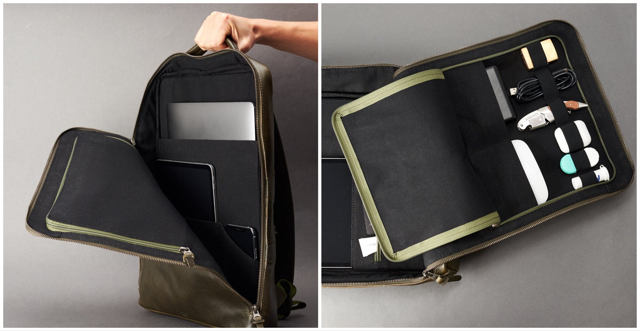 Interior compartments. Business Backpacks Green by Capra Leather