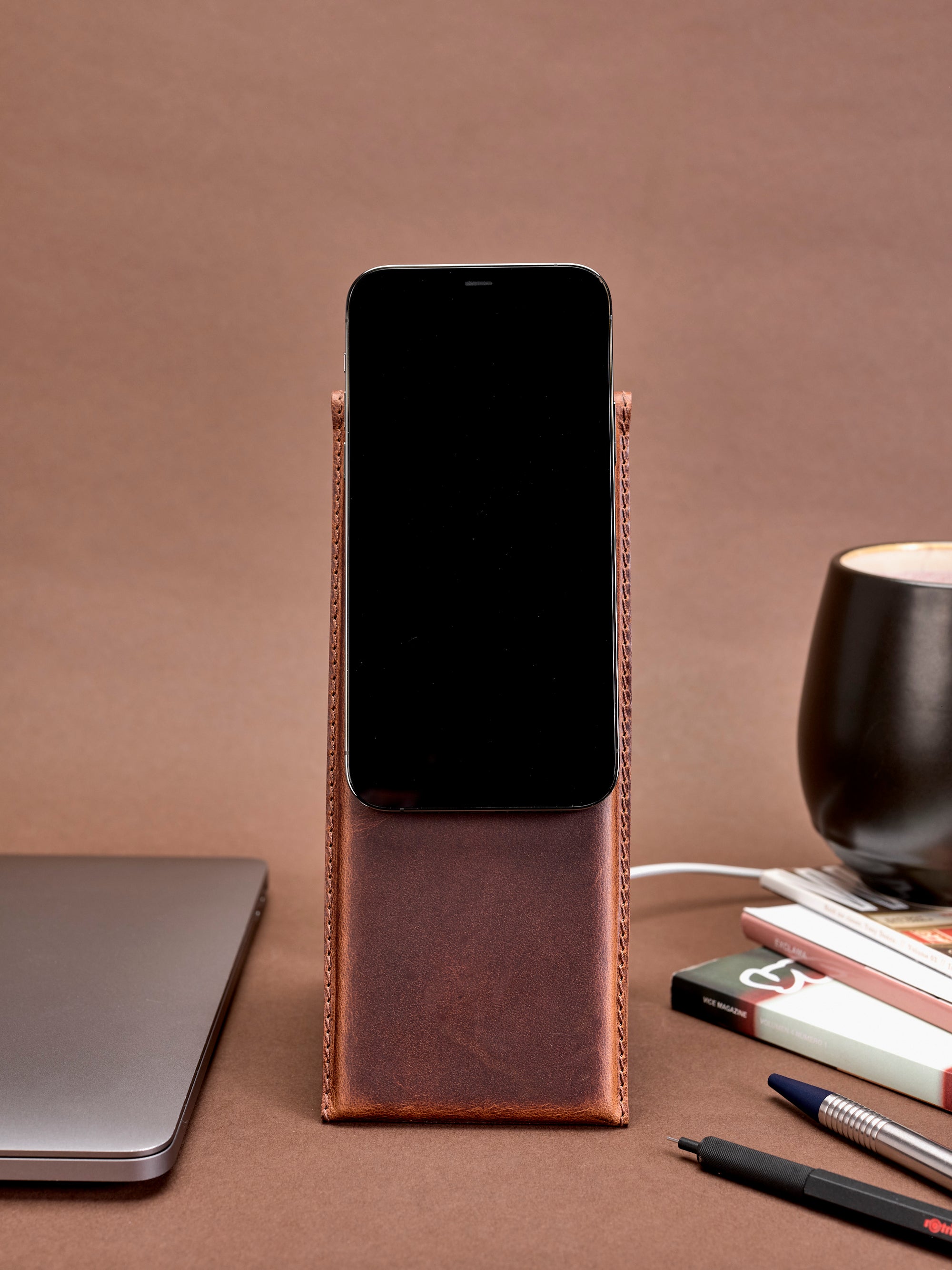 Cover. MagSafe iPhone Holder Stand Distressed Tan by Capra Leather