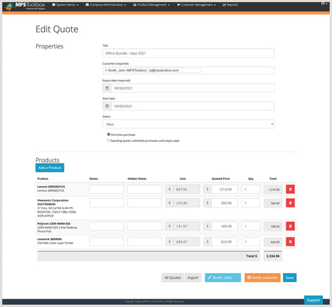 creating a technology e-commerce quote in the back end of MPSToolbox