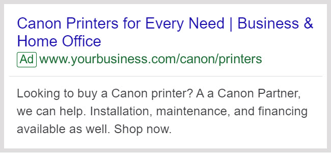 Google ad sample of Canon printers