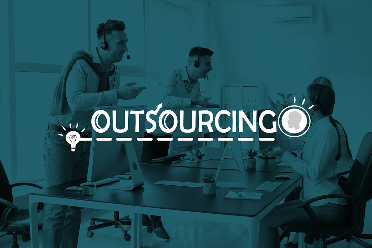 The word "outsourcing" overlayed on a scene of a marketing team working