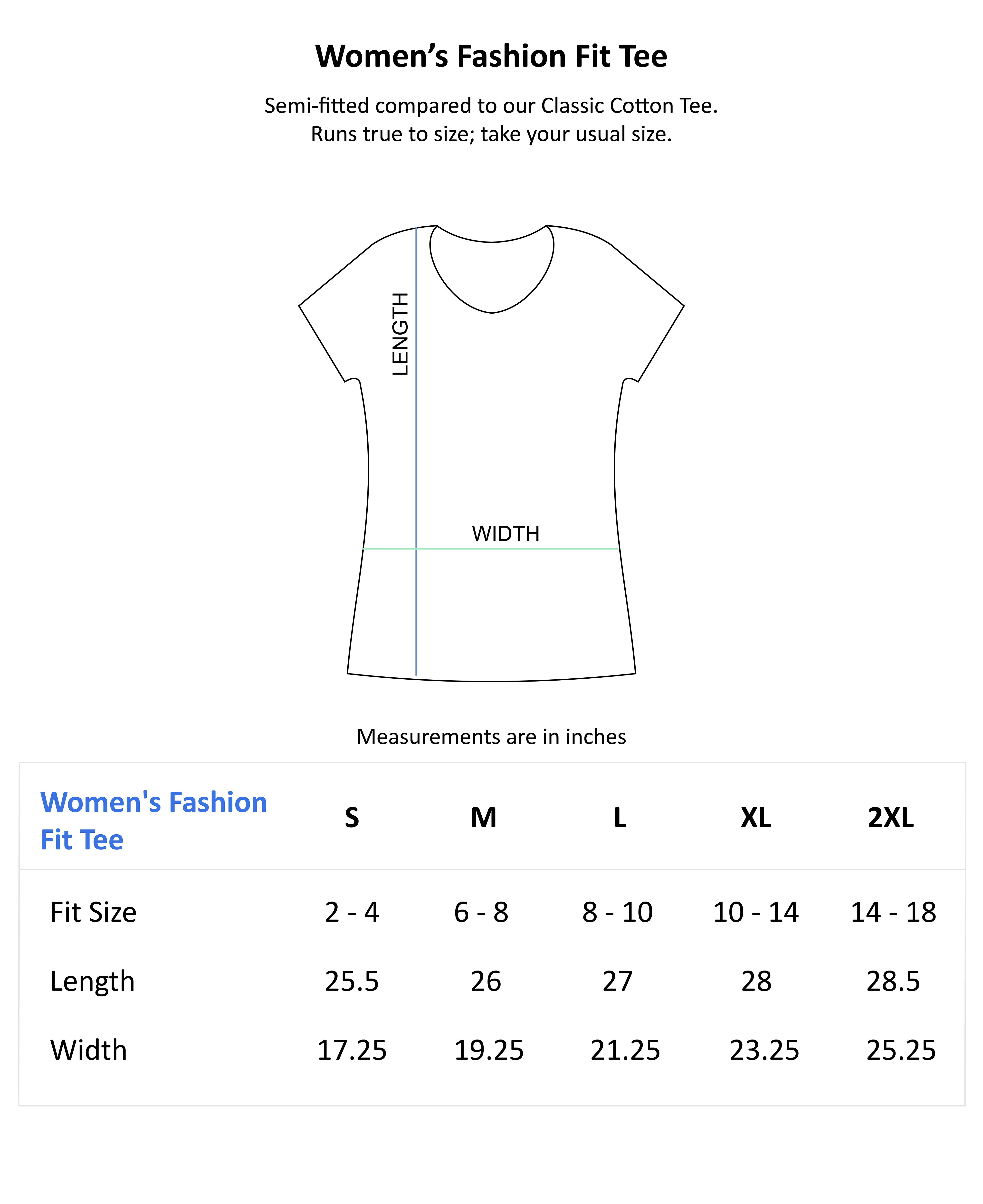 Size Guide: Women's Fashion Fit Tee - Walk by Faith Apparel