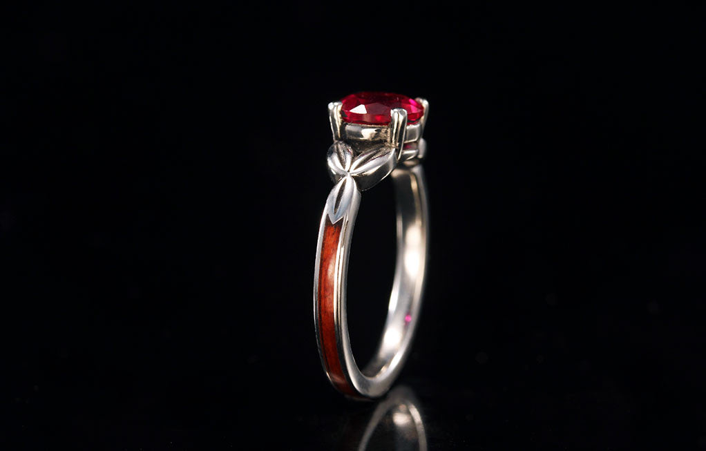 REDHEART 14K WHITE GOLD RUBY LEAF RING