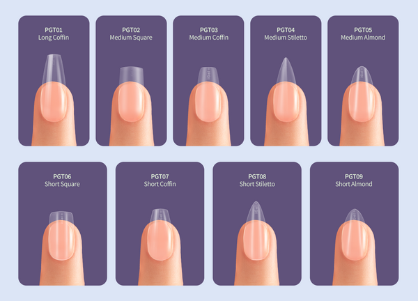 Different Pro Gel Tips or nail extensions shapes such as Long Coffin, Medium Square, Medium Almond, Medium Coffin, Medium Stiletto, Short Square, Short Coffin, Short Stiletto, and Short Almond.