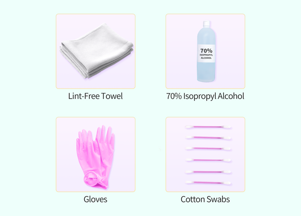 Nail Lamp Cleaning Materials: Lint-Free Towel, 70% Isopropyl Alcohol, Gloves, Cotton Swabs