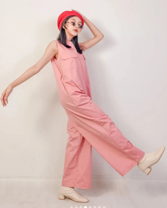 Women Sleeveless Double Breasted Pink Jumpsuit