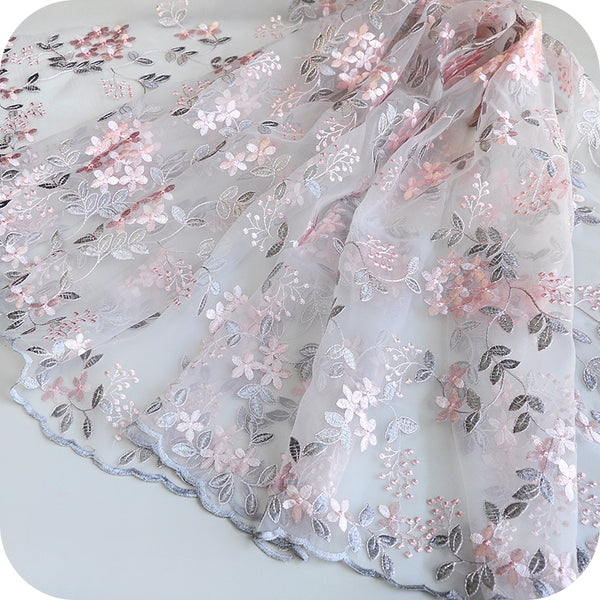 49” Width 3D Organza Pink Flowers and Leaf Embroidered Lace Fabric by ...