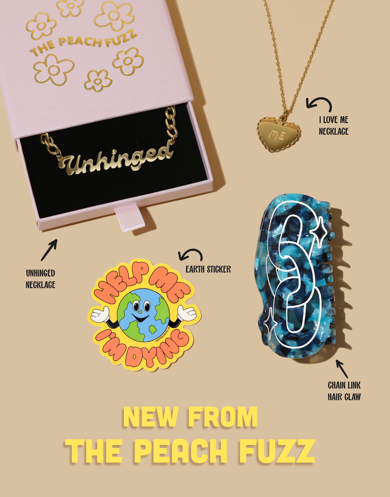 New from The Peach Fuzz at Sleepy Mountain! Unhinged necklace, I heart me necklace, Chain link hair claw, help me, I'm dying sticker
