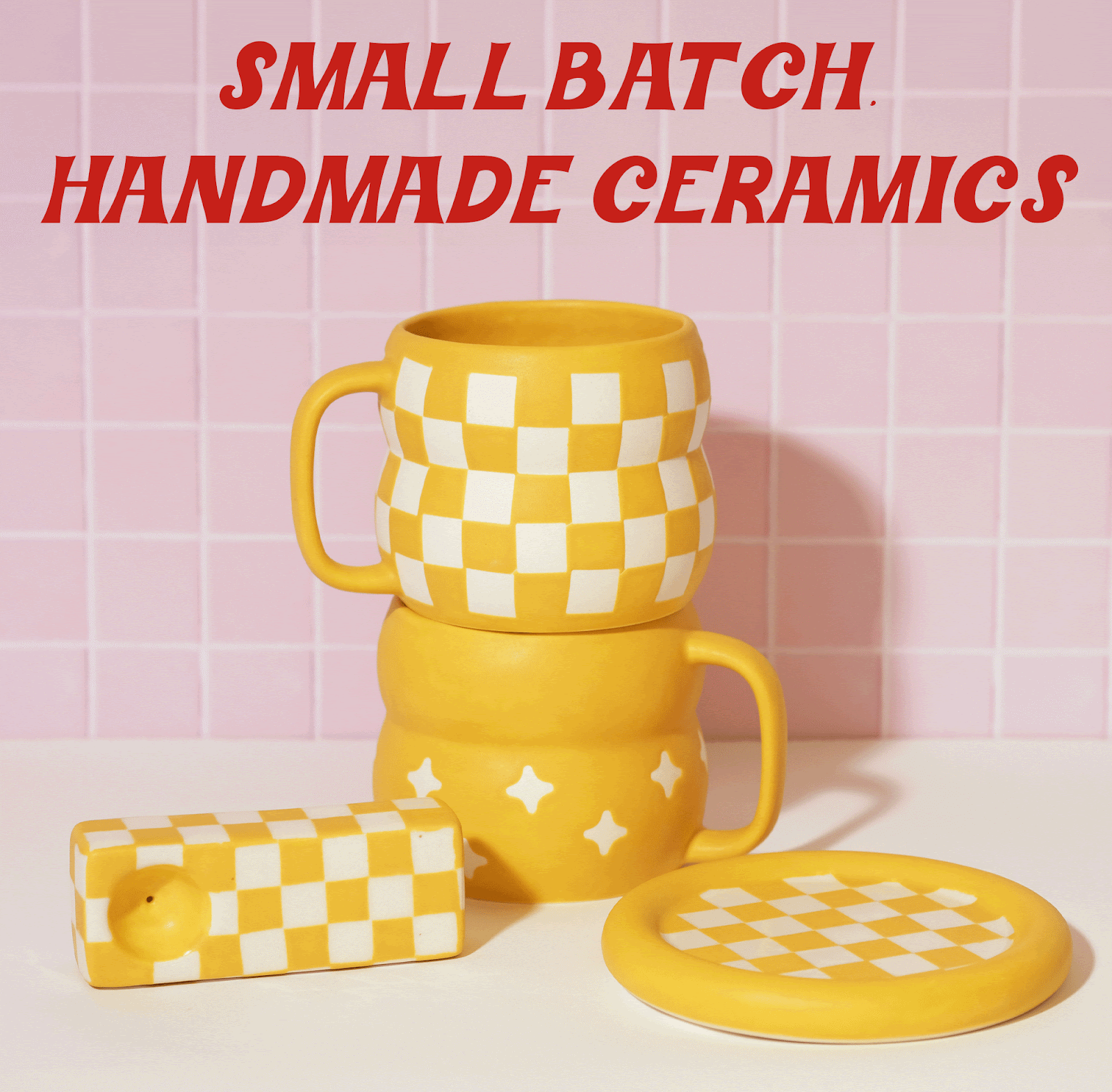 checkered handmade ceramics in marigold