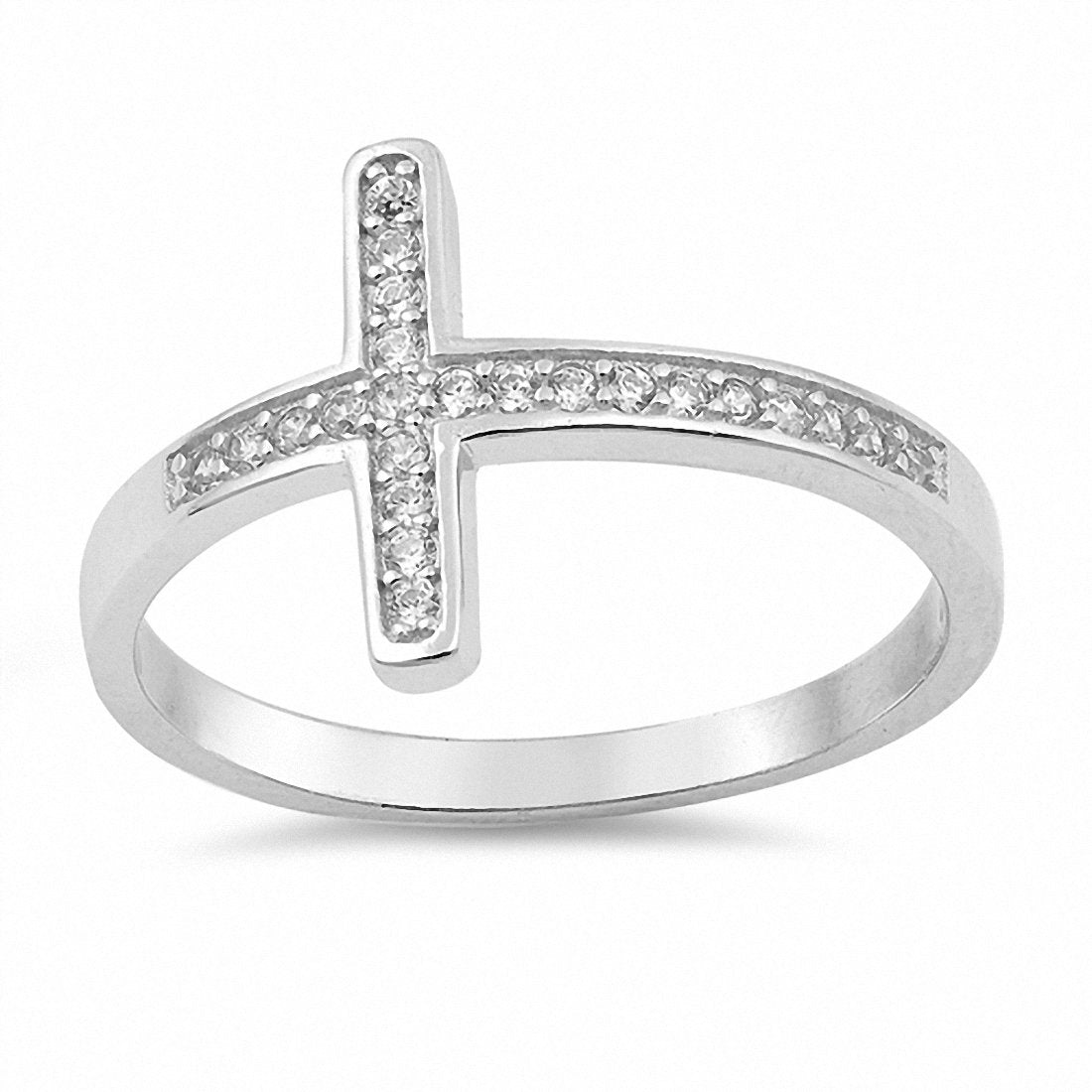 Sideways Cross Ring Round Pave Cubic Zirconia 925 Sterling Silver ...
