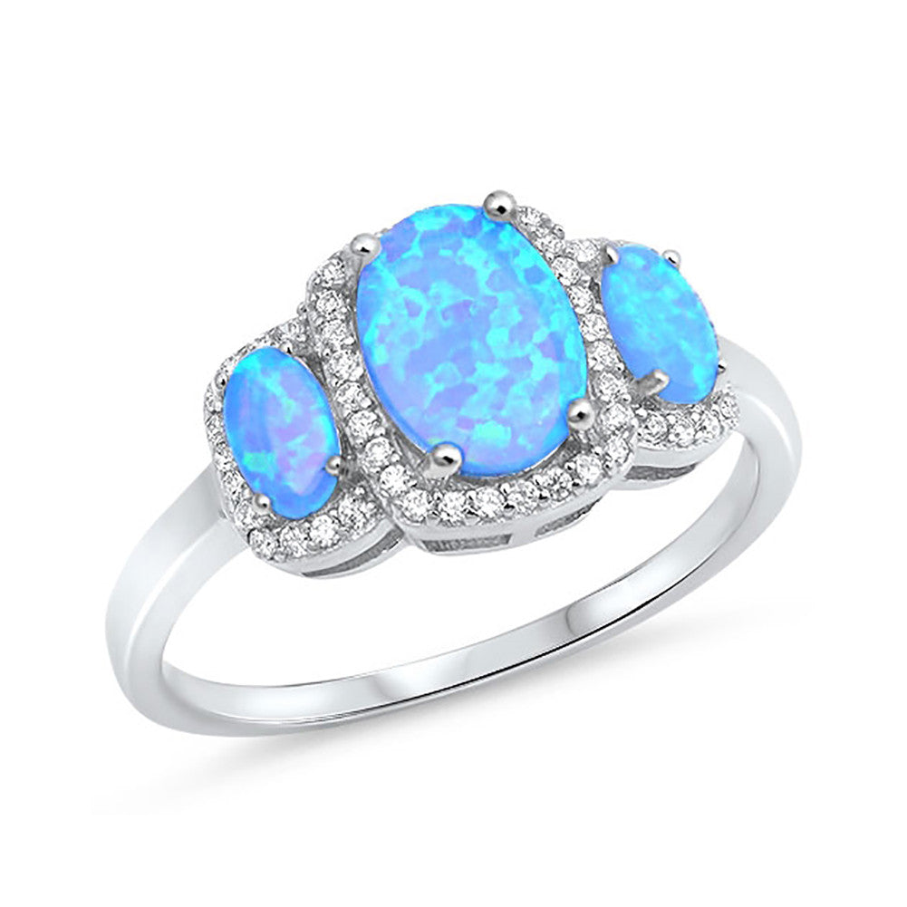 Halo 3-Stone Fashion Ring Oval Lab Created Opal 925 Sterling Silver Ro ...