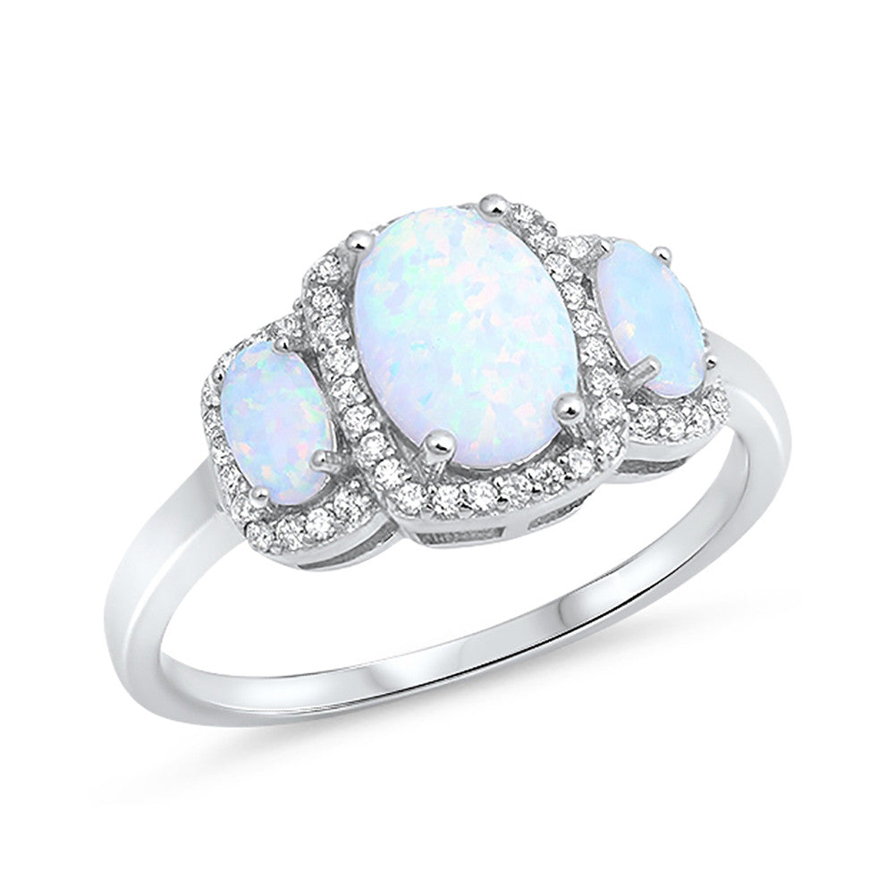 Halo 3-Stone Fashion Ring Oval Lab Created Opal 925 Sterling Silver Ro ...