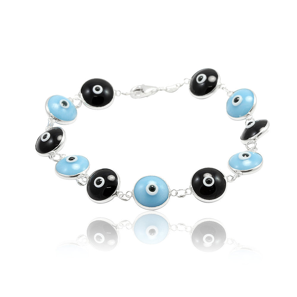 Unisex Trendy 10mm Evil Eye Black & Blue Beaded 7" Bracelet Solid 925 Sterling Silver Round Evil Eye Jewelry Blue and Black - Blue Apple Jewelry