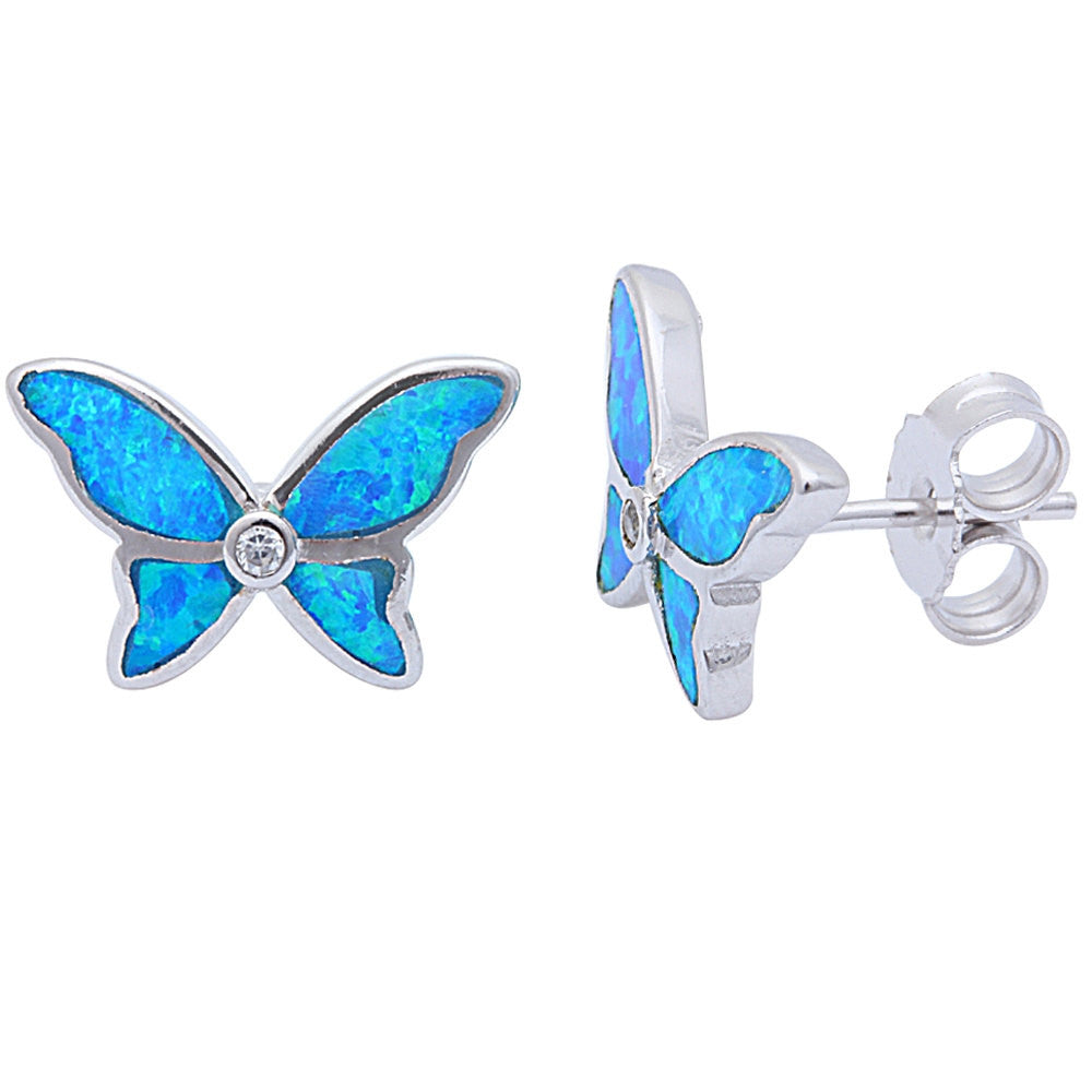 Blue Opal Butterfly Stud Post Earrings Round White Clear Diamond CZ So ...