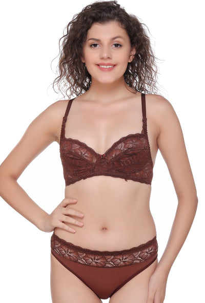 Buy Push-up, Crystal, Tulle, Satin and Lace Detailed Bra Set Colors: Purple  Red-clear Straps Online in India 