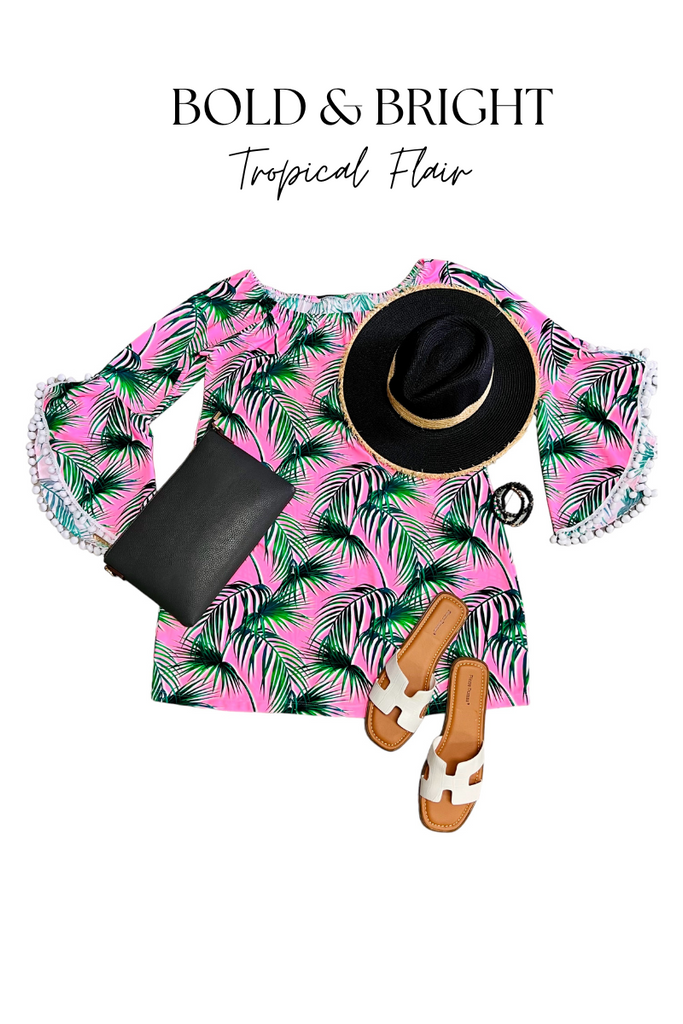 tropical prints, straw hat, sandals, beach looks, pool outfit, pool looks, relaxed, leather bags