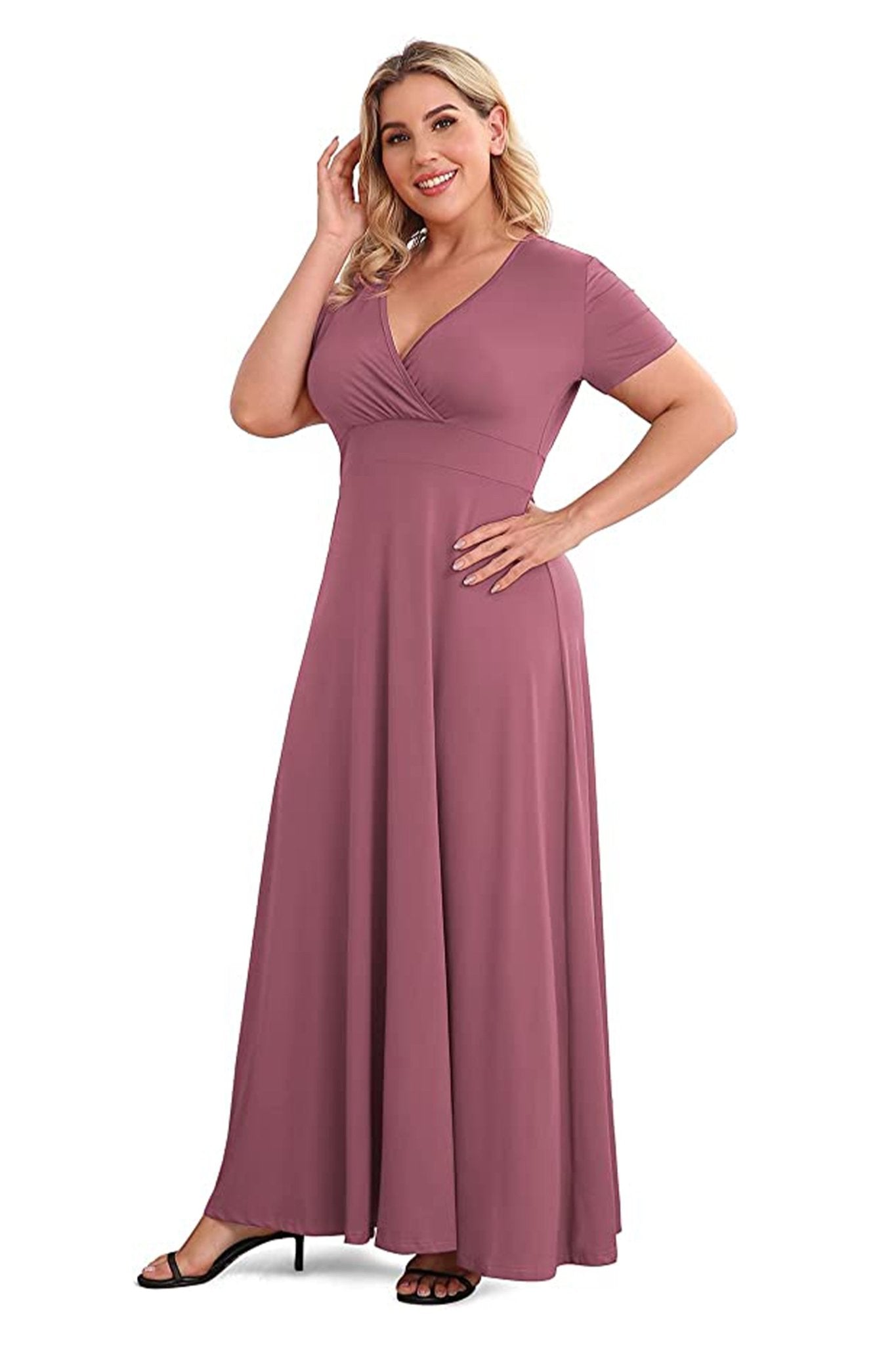 Elegant Women's Solid V-Neck 3/4 Sleeve Plus-Size Maxi Gowns for  Autumn/Winter