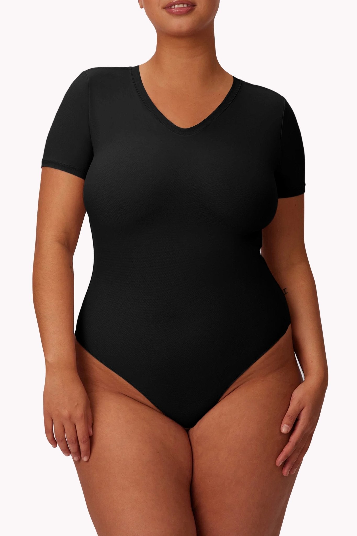 POSESHE Women's Plus Size Square Neck Short Sleeve Bodysuit, 3X, BLACK
