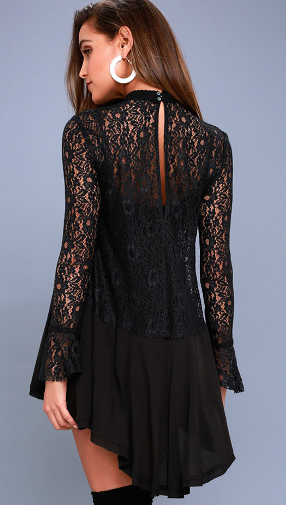 Free People Tell Tale Lace Tunic Black Long Sleeve Mock Neck Cut Out