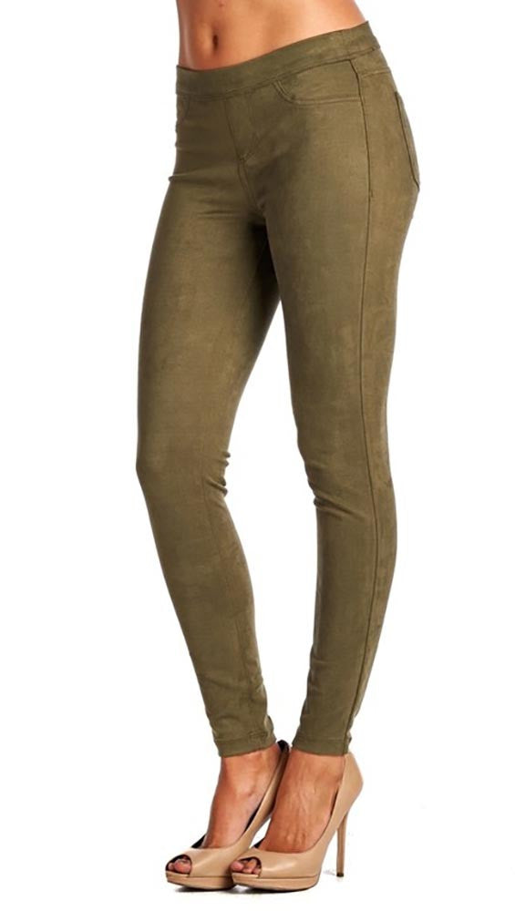 Suede Skinny Pants Olive Green Mid Rise Stretch Soft Legging