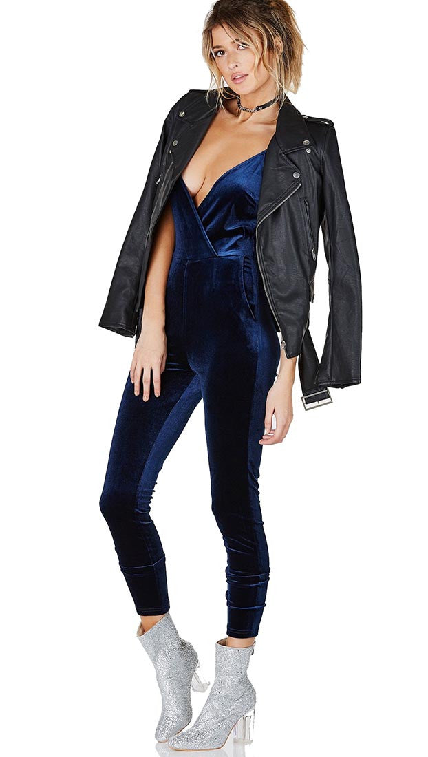 navy blue velour jumpsuit