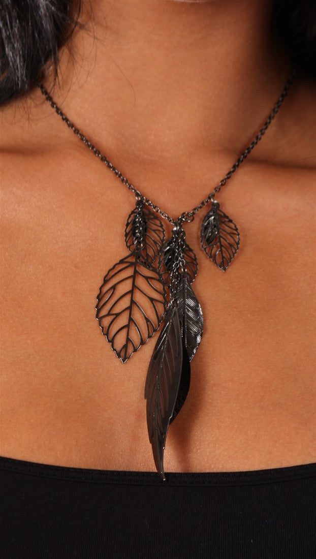 Black Metal Leaf Cut Out Charm Pendant Necklace