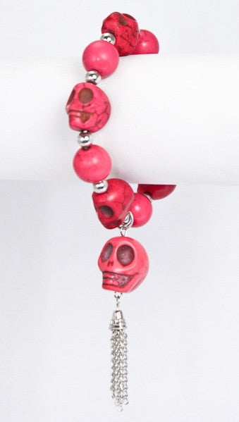 Semi Precious Stone Skull Stretchable Bracelet in Fuchsia w/ Tassle