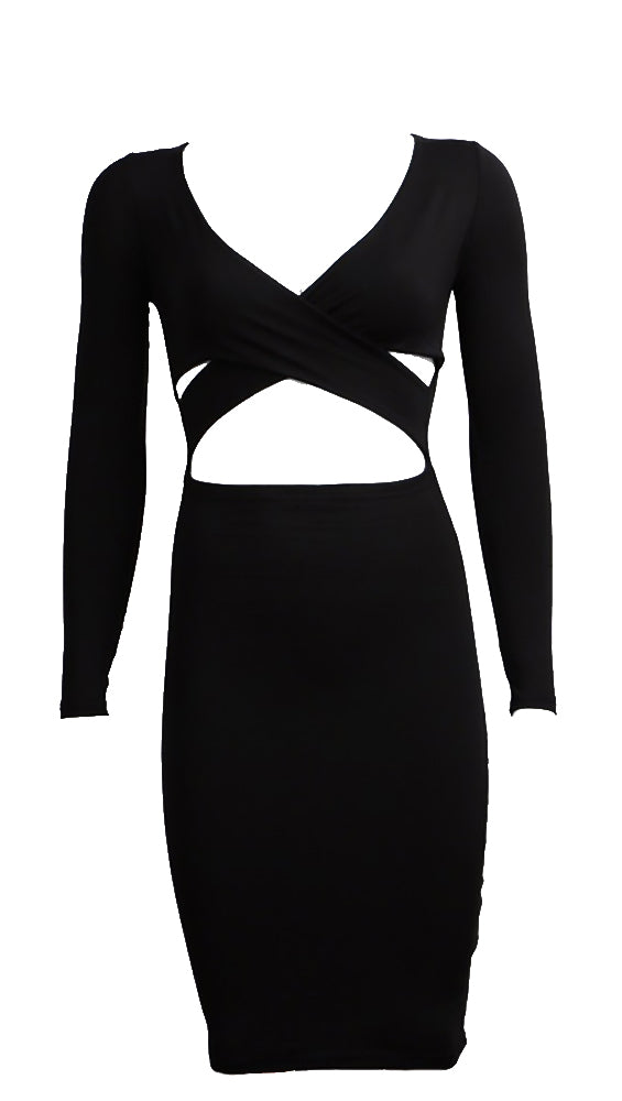 The Nadia Long Sleeve Cut Out Midi Dress Black - Pencil Skirt - V Neck ...