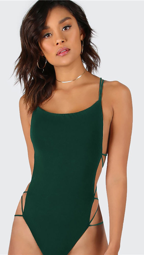 Chloe Strappy Open Back Bodysuit Forest Green Thong Sexy Shopaa 