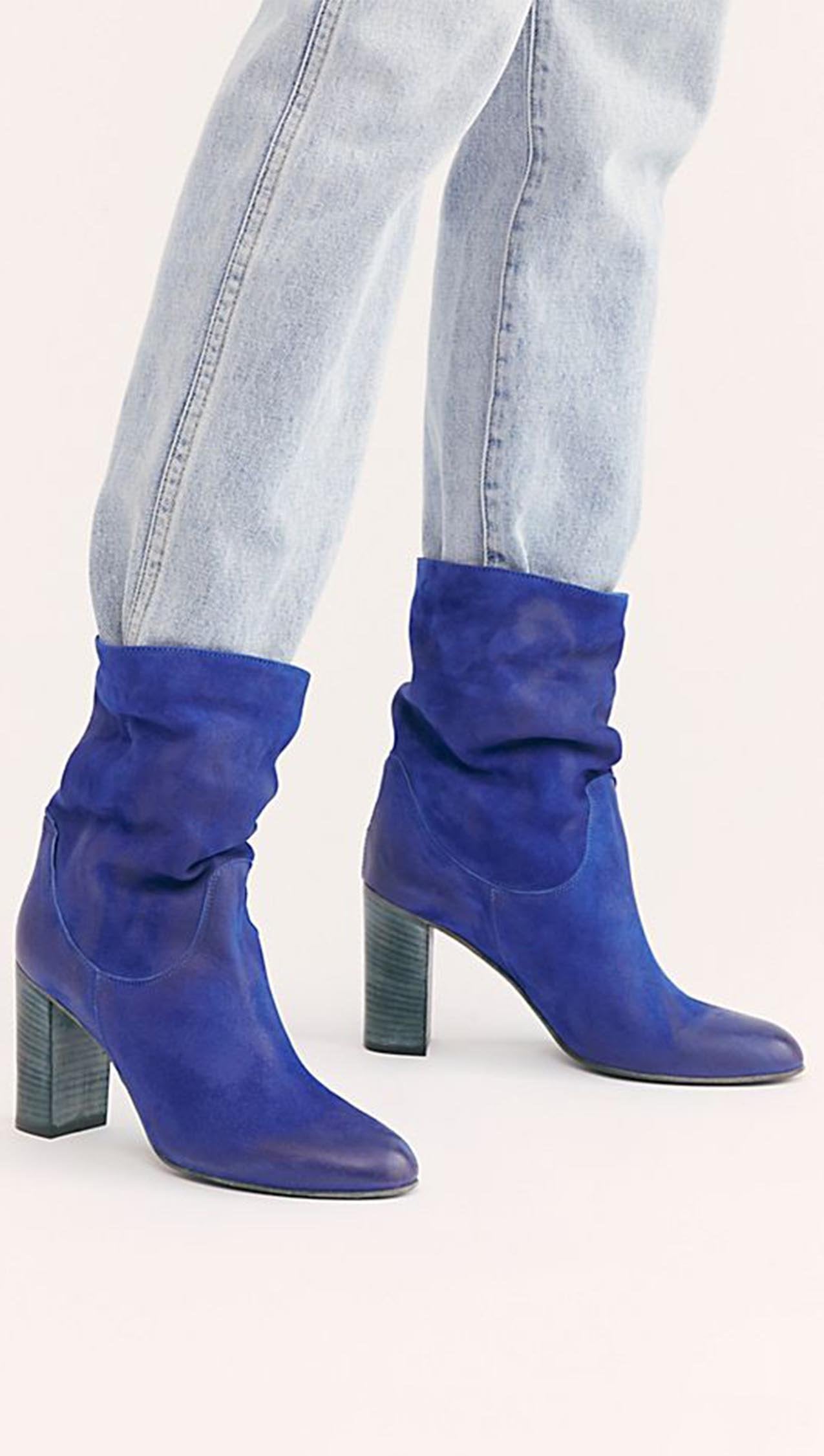 blue suede heeled boots