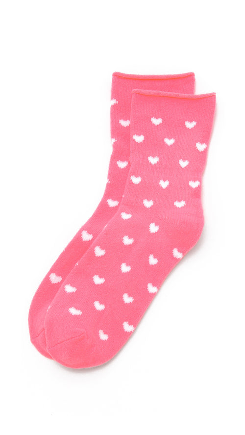 Plush Fleece Rolled Ankle Socks White Heart Print Red