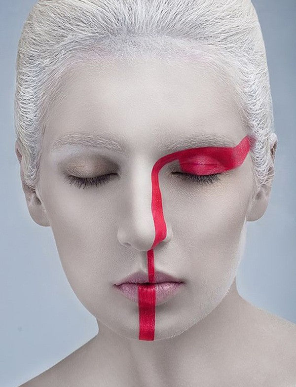 red and white makeup cosplay halloween sleeping model makeup abstract weird body art