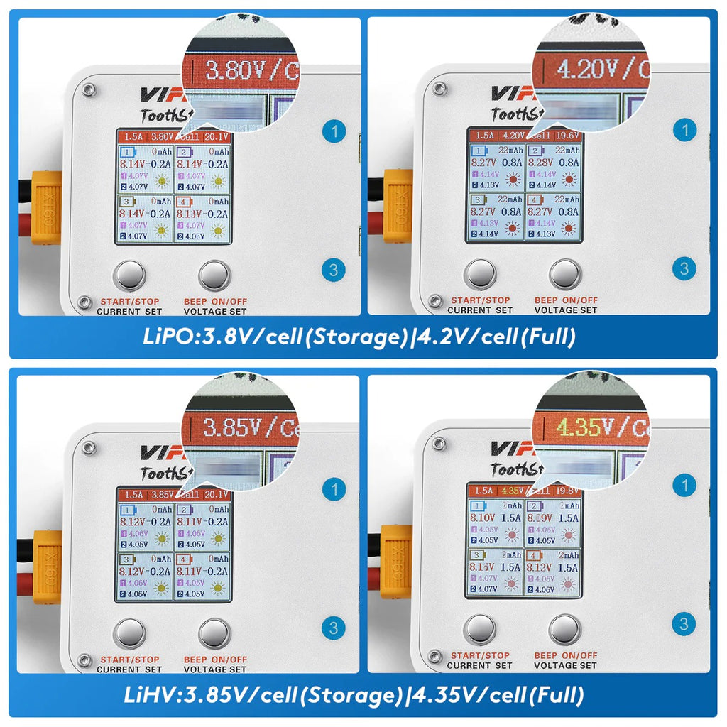 ViFly ToothStor 2S LiPo/LiHV 4 Channel DC/USB-C Whoop Balance Charger & Discharger for BT3.0 & XH2.54 - White