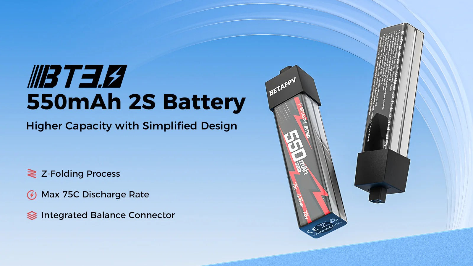 BetaFPV 7.4V 2S 550mAh 75C LiHV Whoop/Micro Battery 2 Pack - BT3.0