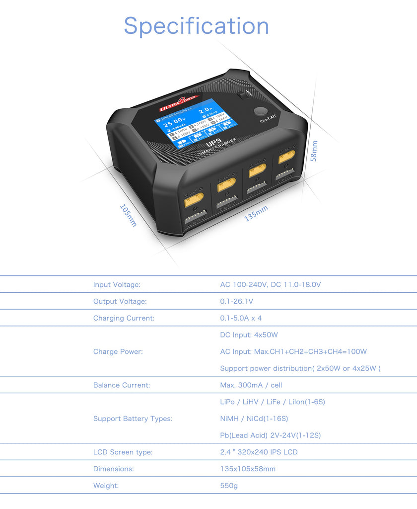 UltraPower UP9 200W 5A 1-6S Quad Channel AC/DC Smart Charger