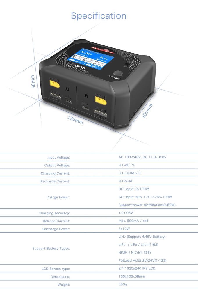 UltraPower UP10 200W 10A 1-6S Dual Channel AC/DC Smart Charger