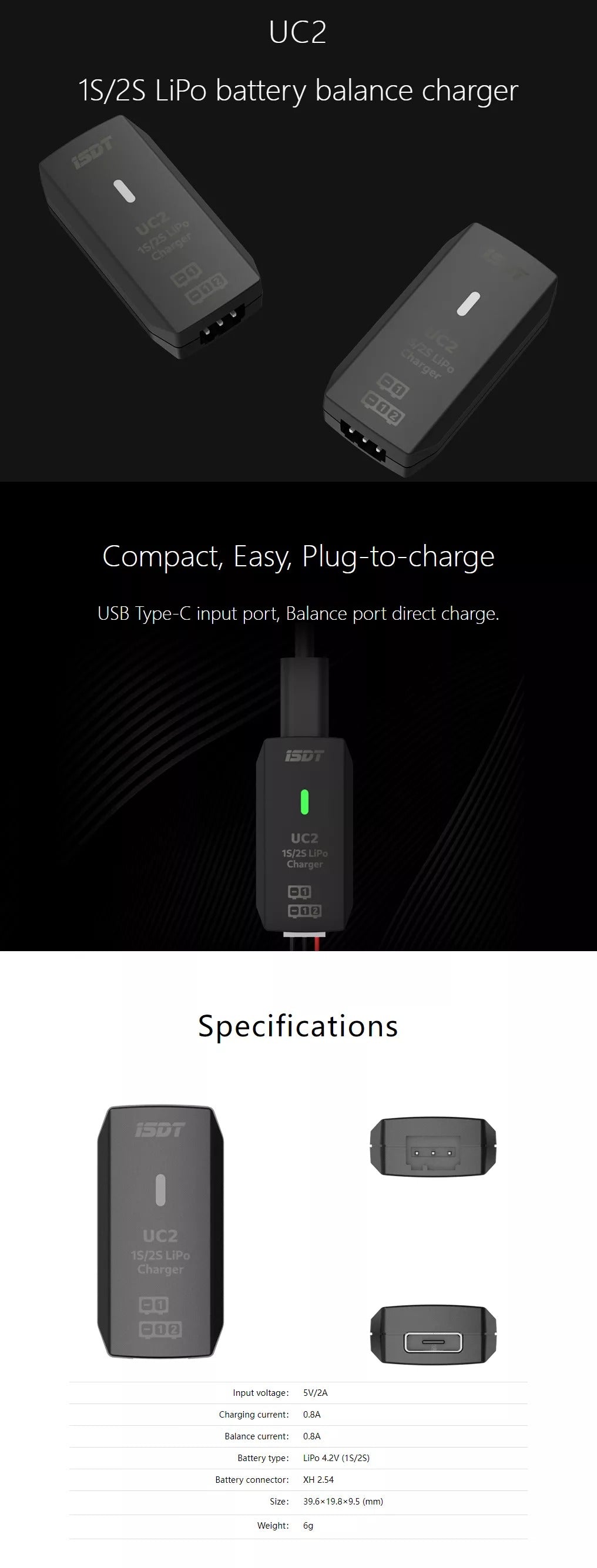 ISDT UC2 2A 5v 1-2S USB-C Micro Charger