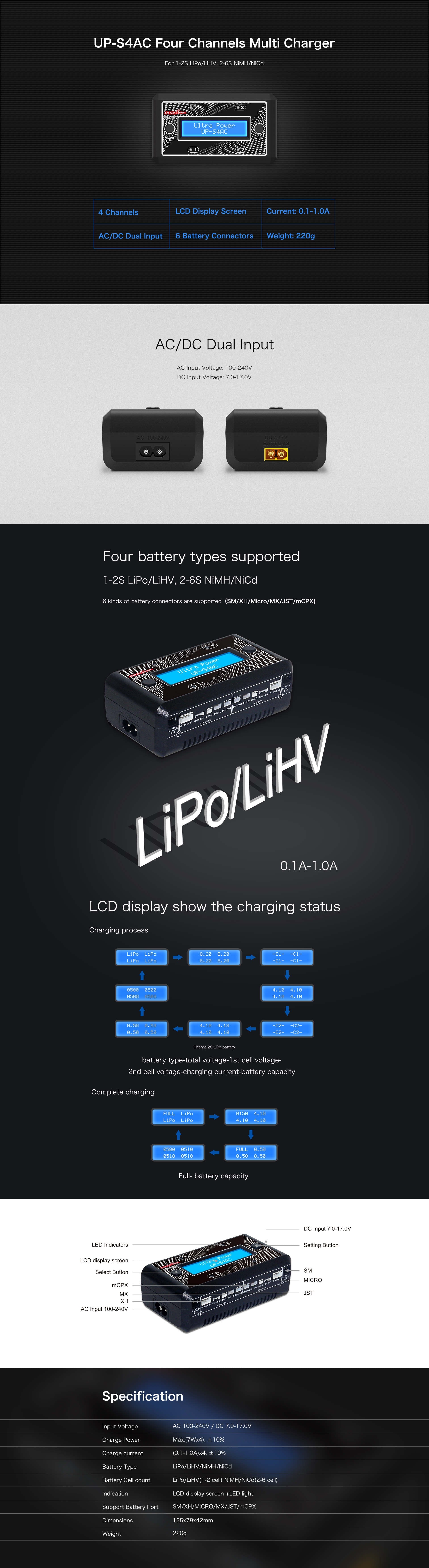 UltraPower UP-S4AC 7W 1A 1-2S 4 Channel AC/DC Smart Charger