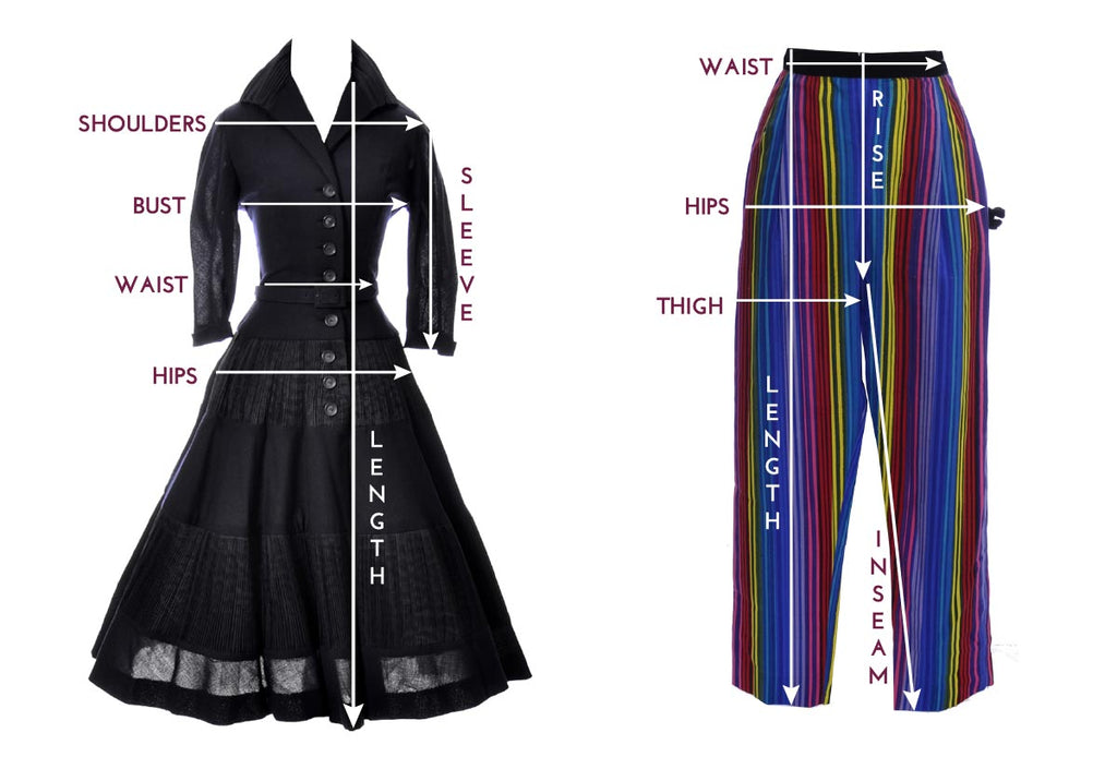 Vintage dress and pant size guide measurement chart