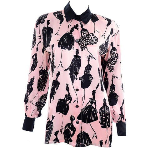 Vintage Escada pink and black novelty silk blouse