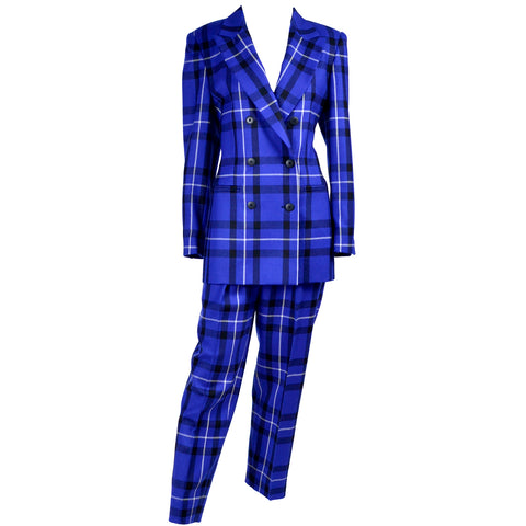 Escada blue plaid trouser pantsuit suit