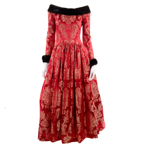 1990s-escada-couture-red-jacquard-evening-gown-w-mink-trim