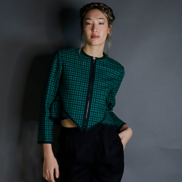 Vintage Geoffrey Beene Green Check Wool Zip Front Cropped Jacket