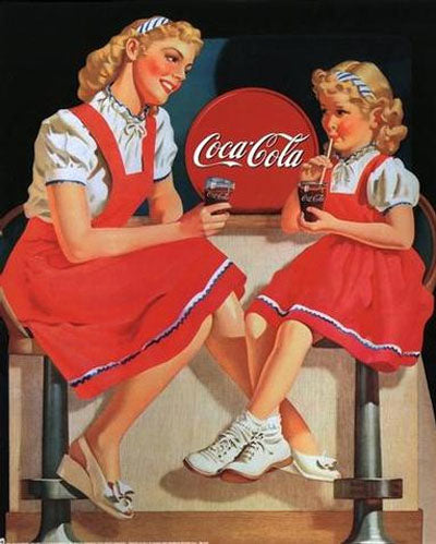 Vintage Coca Cola Ad featuring mother and daughter in matching dresses