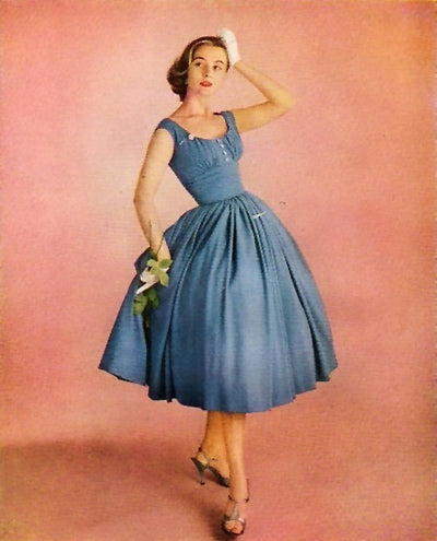 1955 Anne Fogarty Vicara Blue Dress in a 1950's  Robes Virginia-Carolina Chemical Ad