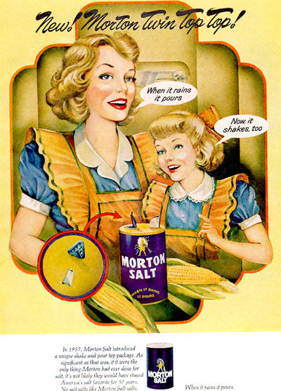 Morton Salt Ad featuring Mother and Daughter in matching dresses and aprons