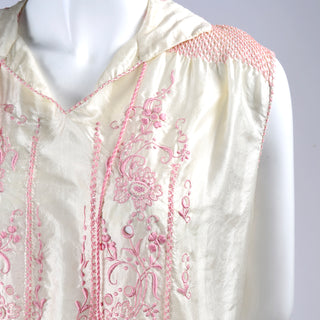 Bohemian 1920s Vintage Dress in Ivory Silk w/ Pink Embroidery